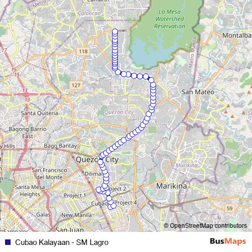 Cubao Kalayaan - SM Lagro bus Line Map