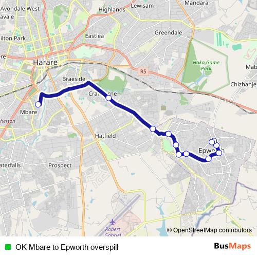 OK Mbare to Epworth overspill bus Line Map