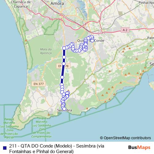 211 - QTA DO Conde (Modelo) - Sesimbra (via Fontainhas e Pinhal do General) bus Line Map