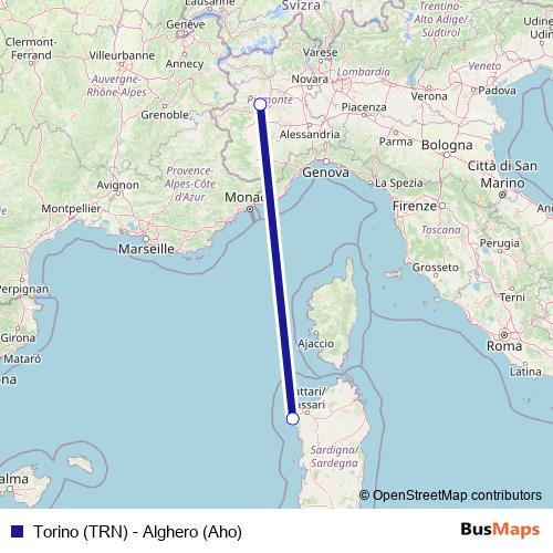 Torino (TRN) - Alghero (Aho) air Line Map