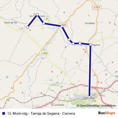 13. Mont-roig - Tarroja de Segarra - Cervera bus Line Map