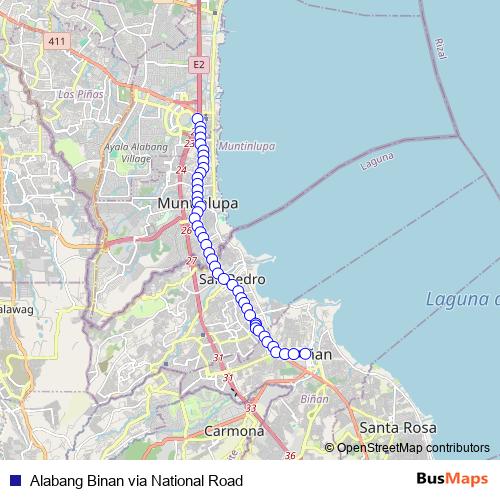 Alabang Binan via National Road bus Line Map