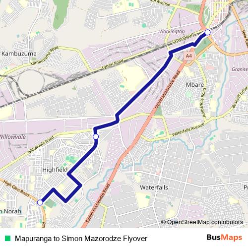 Mapuranga to Simon Mazorodze Flyover bus Line Map