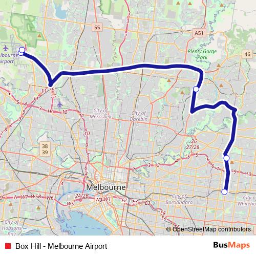 Box Hill - Melbourne Airport bus Line Map