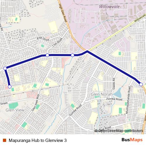 Mapuranga Hub to Glenview 3 bus Line Map