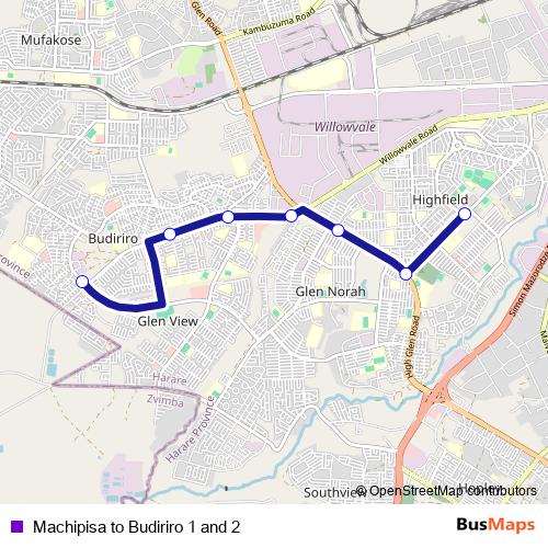 Machipisa to Budiriro 1 and 2 bus Line Map