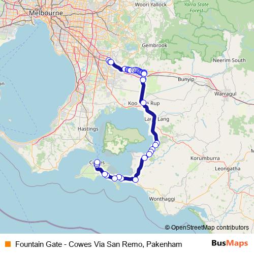 Fountain Gate - Cowes Via San Remo, Pakenham bus Line Map