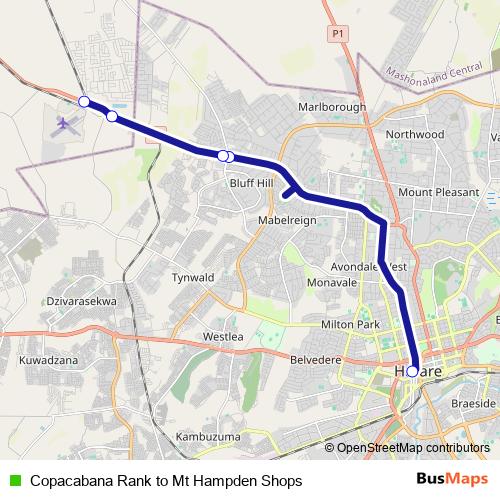 Copacabana Rank to Mt Hampden Shops bus Line Map