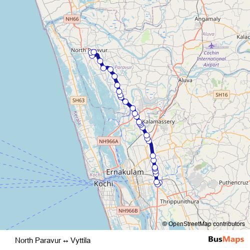 North Paravur ↔ Vyttila bus Line Map