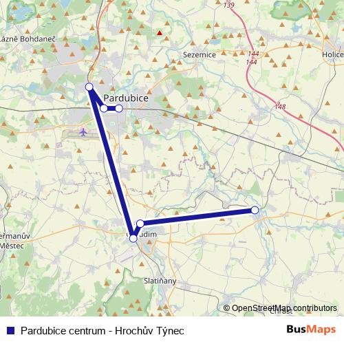 Pardubice centrum - Hrochův Týnec rail Line Map