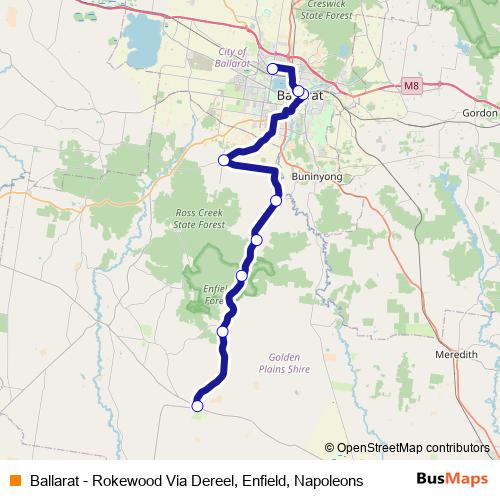 Ballarat - Rokewood Via Dereel, Enfield, Napoleons bus Line Map
