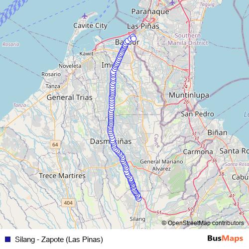 Silang - Zapote (Las Pinas) bus Line Map