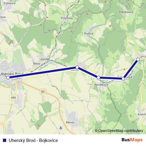 Uherský Brod - Bojkovice rail Line Map
