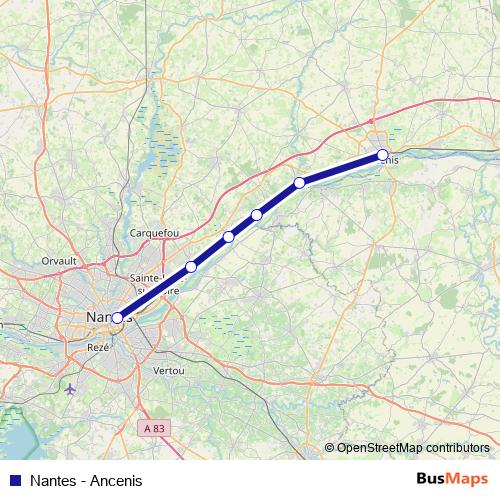 Nantes - Ancenis rail Line Map