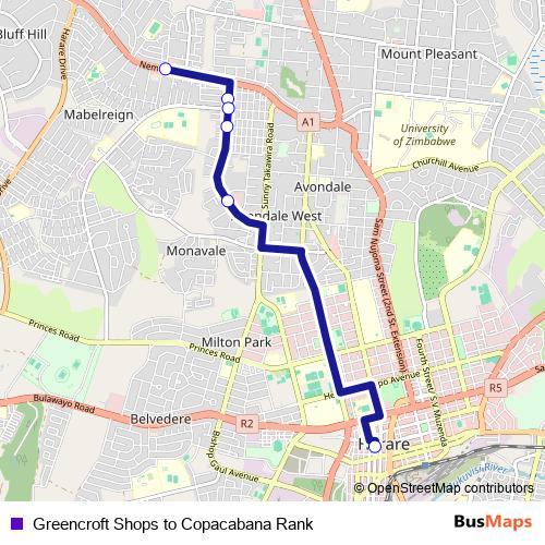 Greencroft Shops to Copacabana Rank bus Line Map