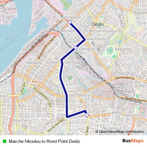 Marche Nkoulou to Rond Point Deido bus Line Map