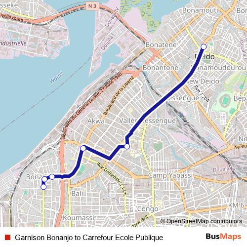 Garnison Bonanjo to Carrefour Ecole Publique bus Line Map