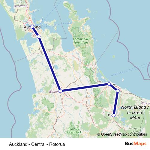 Auckland - Central - Rotorua bus Line Map