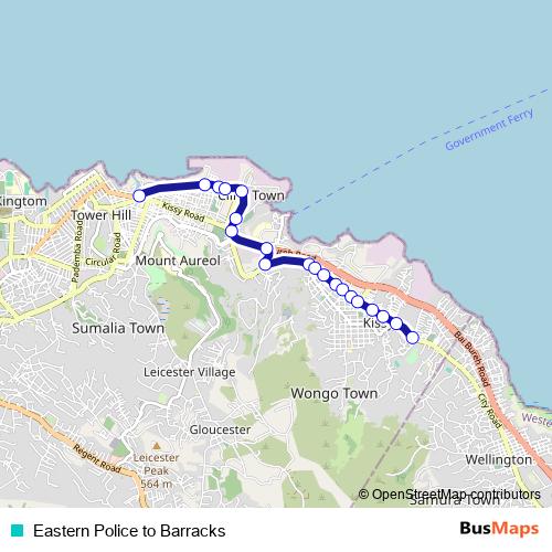 Eastern Police to Barracks bus Line Map