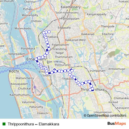 Thrippoonithura ↔ Elamakkara bus Line Map