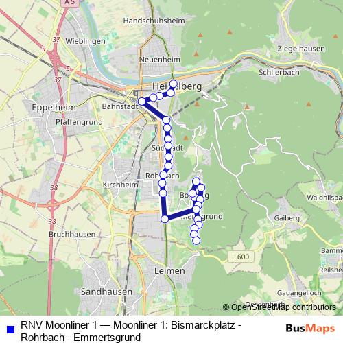 RNV Moonliner 1 bus Line Map