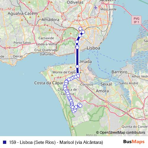 159 - Lisboa (Sete Rios) - Marisol (via Alcântara) bus Line Map
