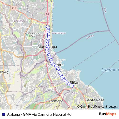 Alabang - GMA via Carmona National Rd bus Line Map