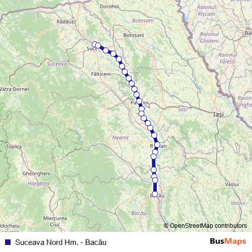 Suceava Nord Hm. - Bacău rail Line Map