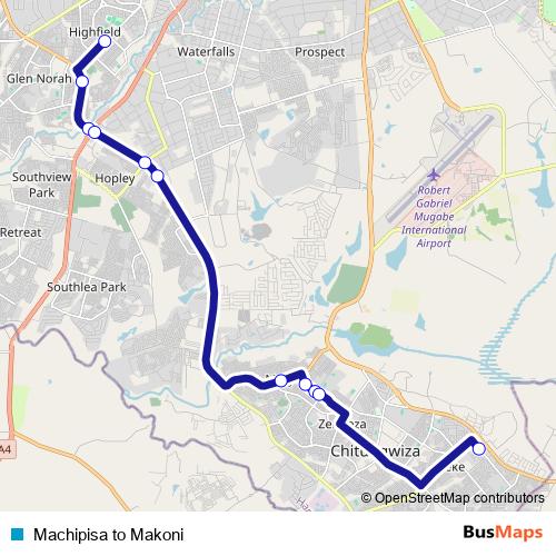Machipisa to Makoni bus Line Map