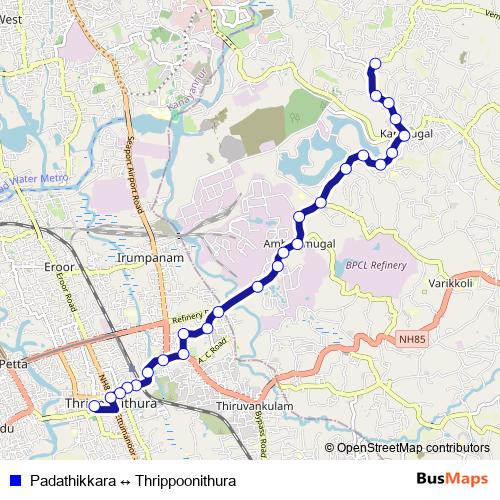 Padathikkara ↔ Thrippoonithura bus Line Map