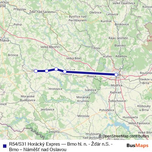 R54/S31 Horácký Expres rail Line Map