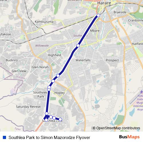 Southlea Park to Simon Mazorodze Flyover bus Line Map