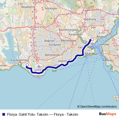 Florya -Sahil Yolu- Taksim bus Line Map