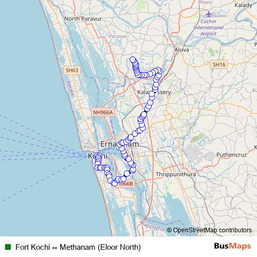 Fort Kochi ↔ Methanam (Eloor North) bus Line Map
