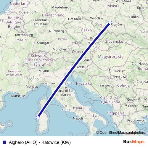 Alghero (AHO) - Katowice (Ktw) air Line Map