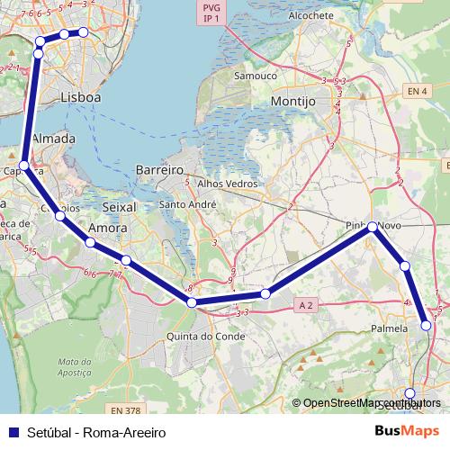 Setúbal - Roma-Areeiro rail Line Map
