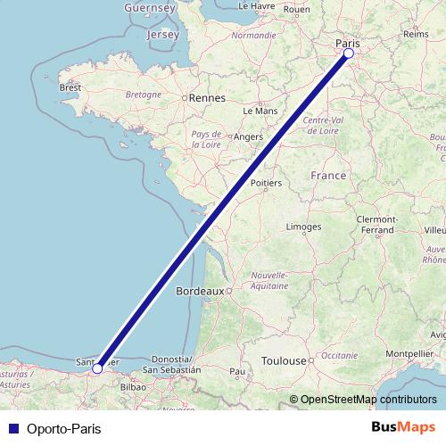 Oporto-Paris bus Line Map