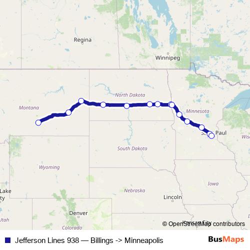 Jefferson Lines 938 bus Line Map