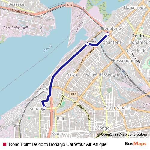 Rond Point Deido to Bonanjo Carrefour Air Afrique bus Line Map