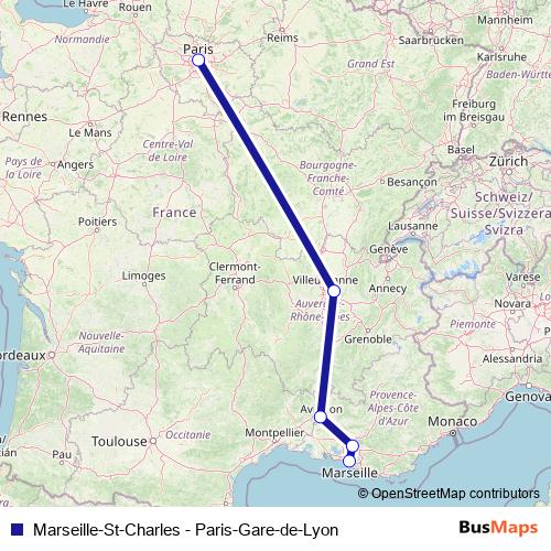 Marseille-St-Charles - Paris-Gare-de-Lyon rail Line Map