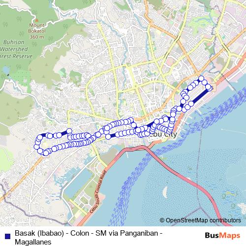 Basak (Ibabao) - Colon - SM via Panganiban - Magallanes bus Line Map