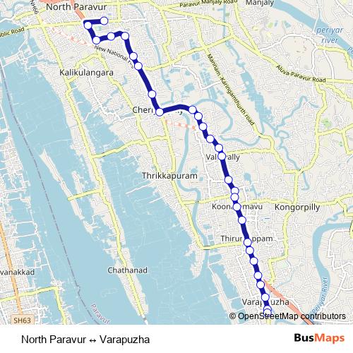 North Paravur ↔ Varapuzha bus Line Map