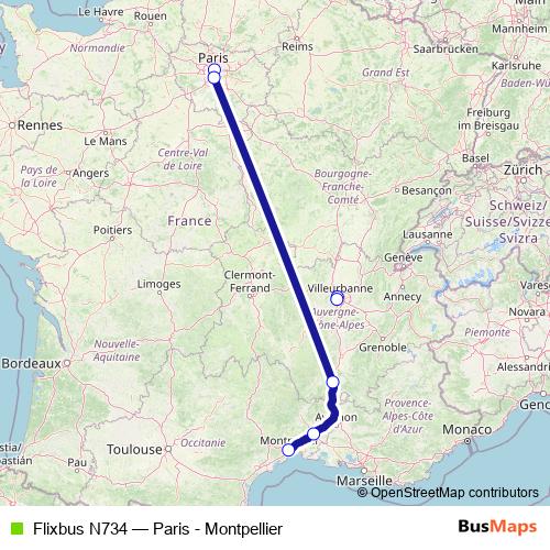 Flixbus N734 bus Line Map