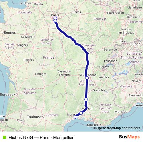 Flixbus N734 bus Line Map