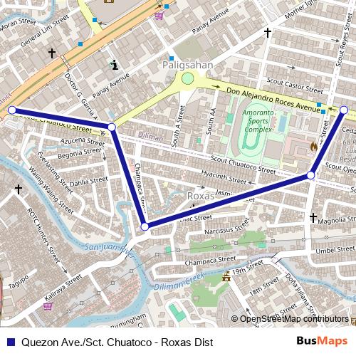 Quezon Ave./Sct. Chuatoco - Roxas Dist bus Line Map