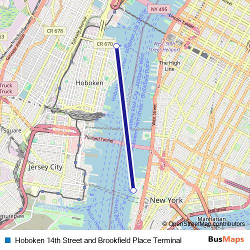 Hoboken 14th Street and Brookfield Place Terminal ferry Line Map