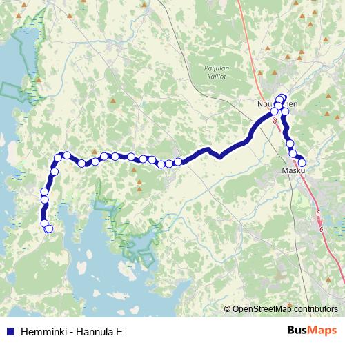 Hemminki - Hannula E bus Line Map