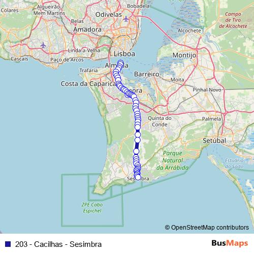 203 - Cacilhas - Sesimbra bus Line Map