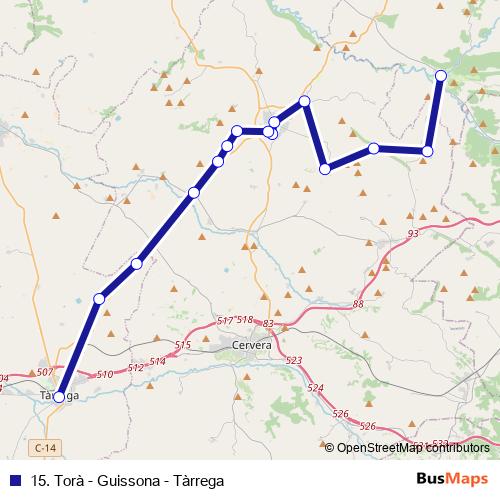 15. Torà - Guissona - Tàrrega bus Line Map