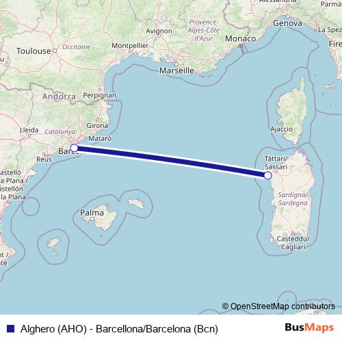 Alghero (AHO) - Barcellona/Barcelona (Bcn) air Line Map